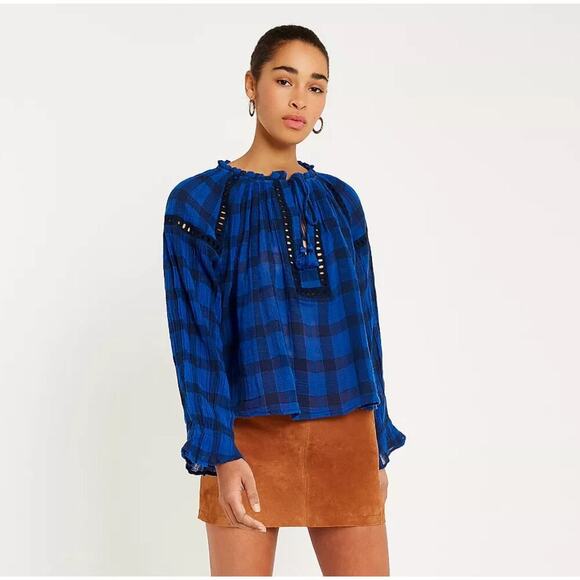 Free People Blue Plaid Honey Grove Peasant Top Sz XS - Picture 1 of 9
